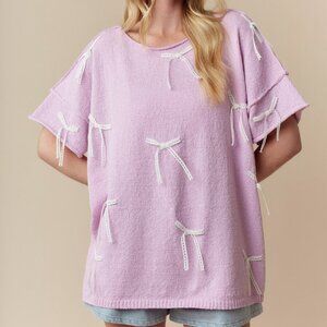 Lavender Lace Bow Short Sleeve Summer Sweater